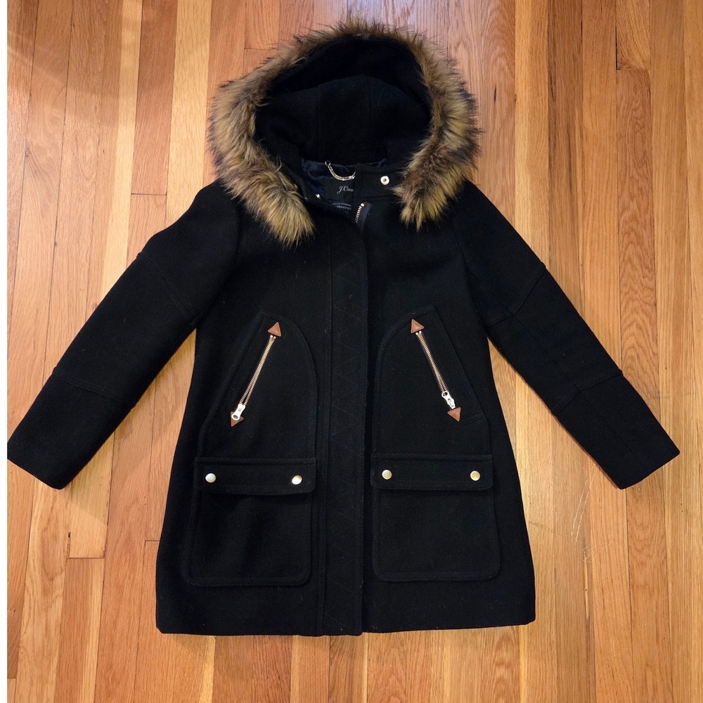 J.Crew Italian Stadium Cloth Nello Gori Chateau Parka Faux Fur Hood Coat Sz 4P